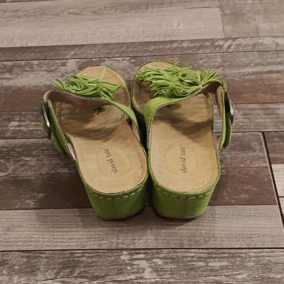 David Tate Green Leather Suede Fringe Buckle Wedge Sandals Shoes Size 6.5 WW - Picture 3 of 8
